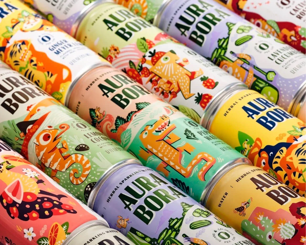 Rows of Aura Bora cans in every flavor